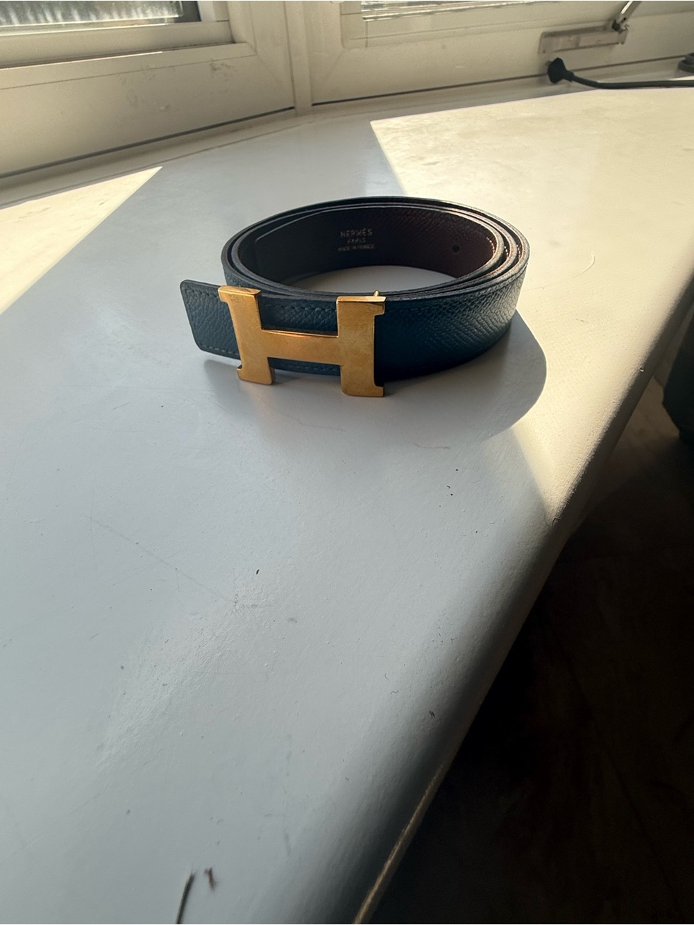 Hermes Blue Jean Leather Belt with Gold H Buckle- 70cm